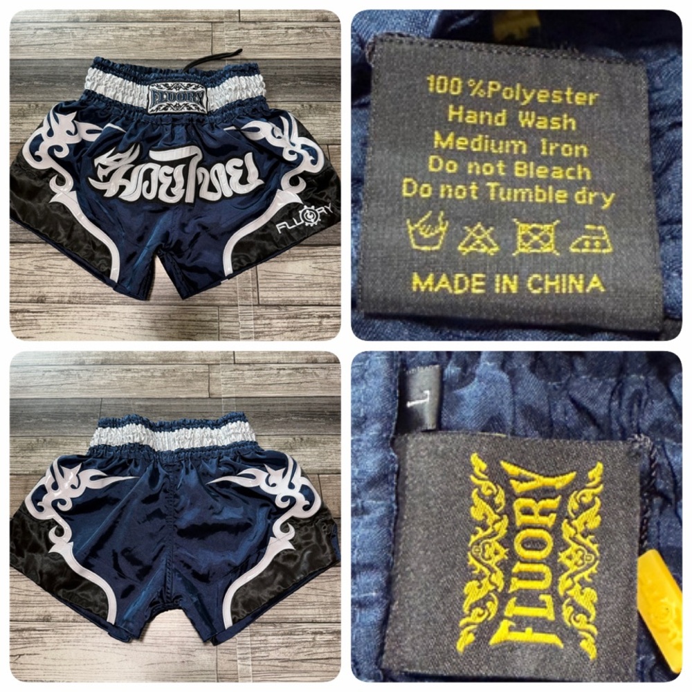 Fluory Muay Thai Shorts Size L Blue Black Tribal Print Kickboxing (Inseam 3)